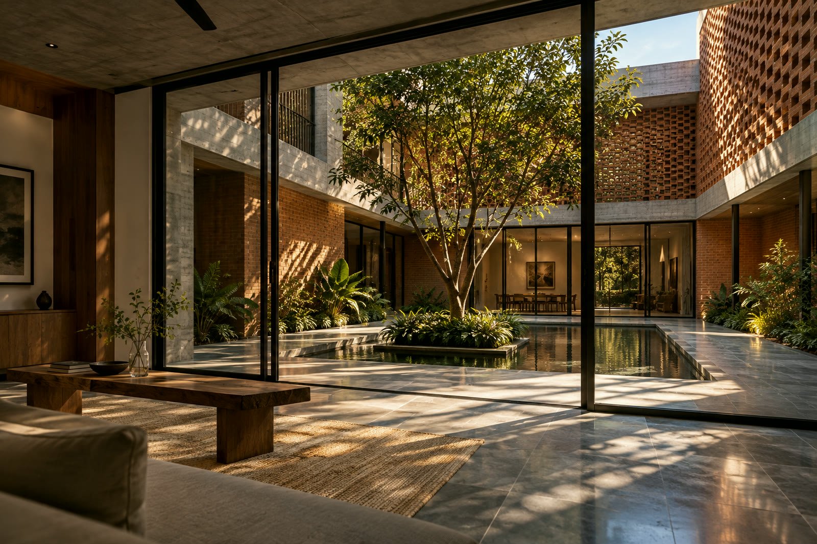 Courtyard house at dusk with a central reflecting pool, perforated brick screen and warm interior light