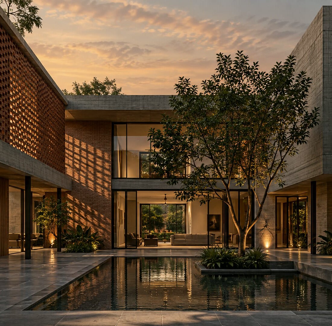 Courtyard house at dusk with a central reflecting pool, perforated brick screen and warm interior light