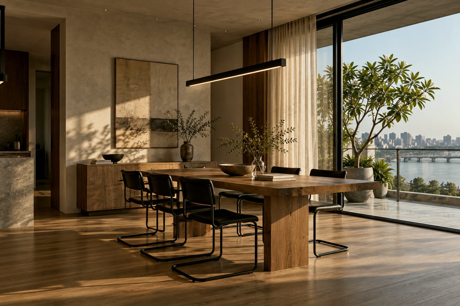 Riverside apartment living room with a low linen sofa and a wide window over the river