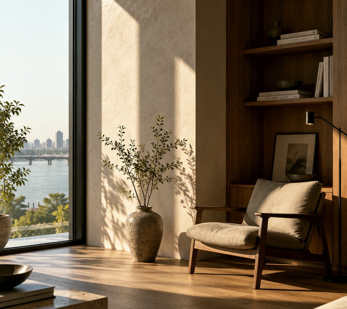 Riverside apartment living room with a low linen sofa and a wide window over the river