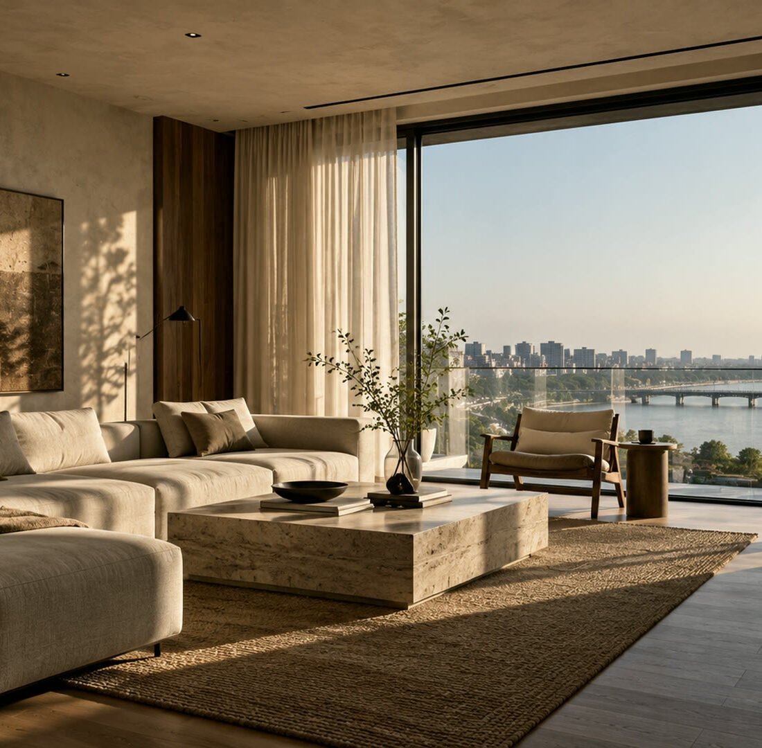 Riverside apartment living room with a low linen sofa and a wide window over the river