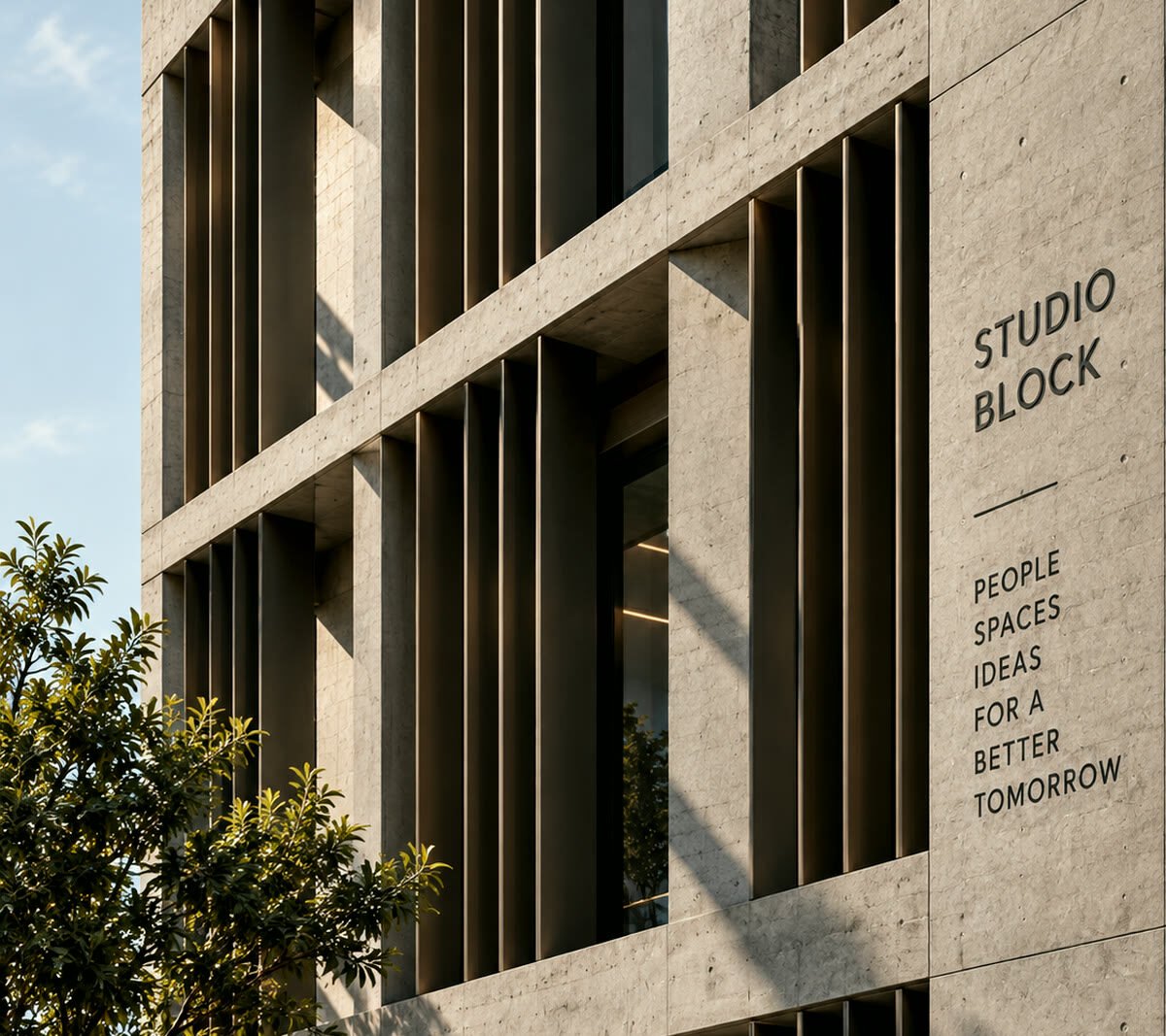 Studio Block commercial building with a concrete frame and vertical shading fins