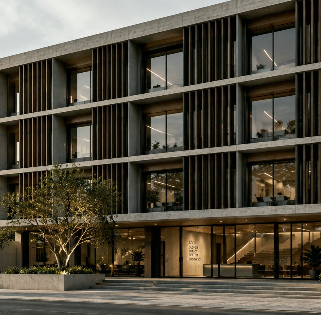 Studio Block commercial building with a concrete frame and vertical shading fins