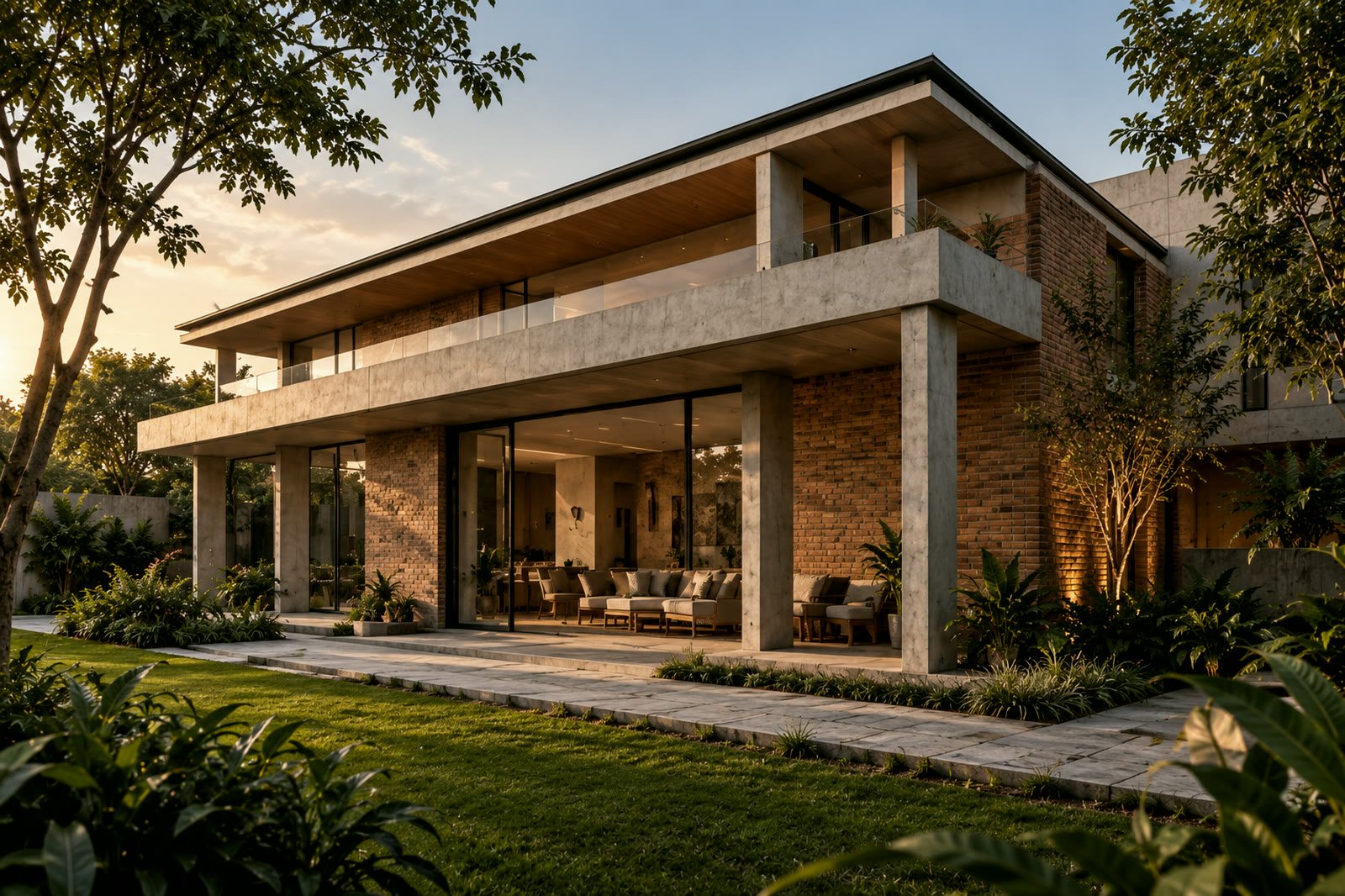A modern villa with a generous verandah in warm evening light
